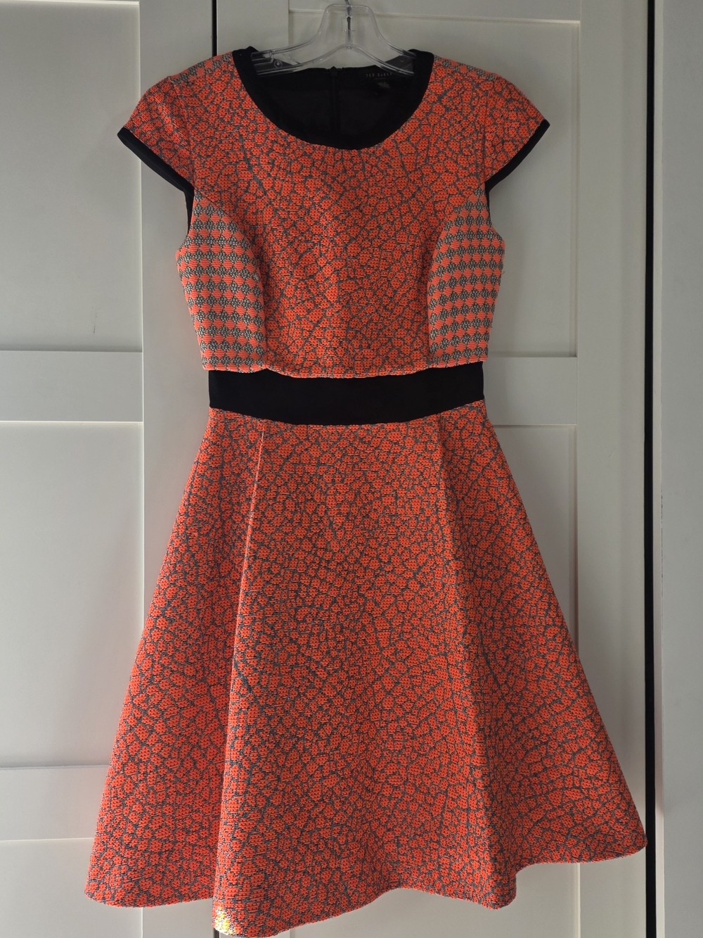 Ted Baker Coral Patterned Fit-and-Flare Dress with Black Accents